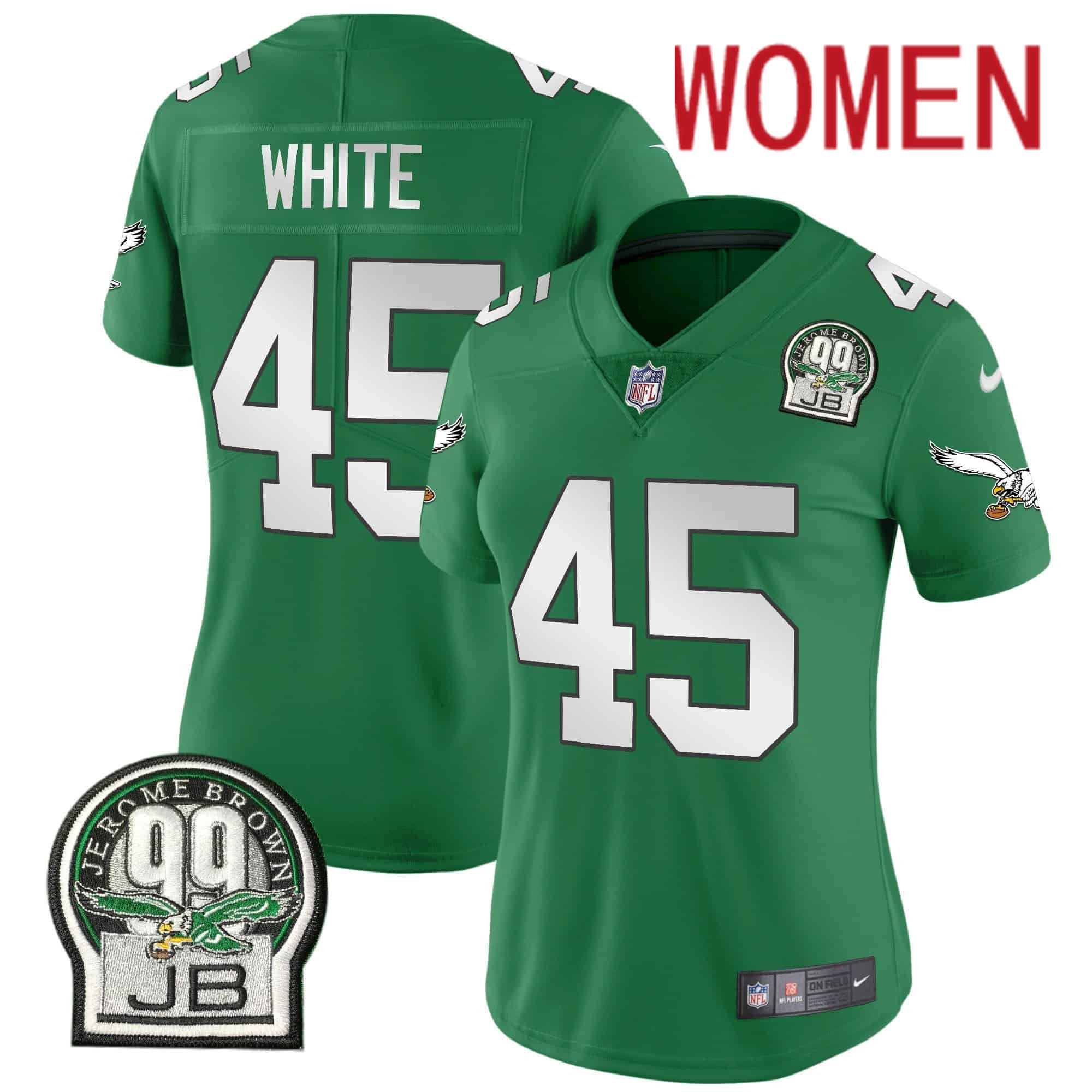 Women Philadelphia Eagles 45 White Green 2024 Nike Jerome Brown Patch Alternate Limited NFL Jersey style 1